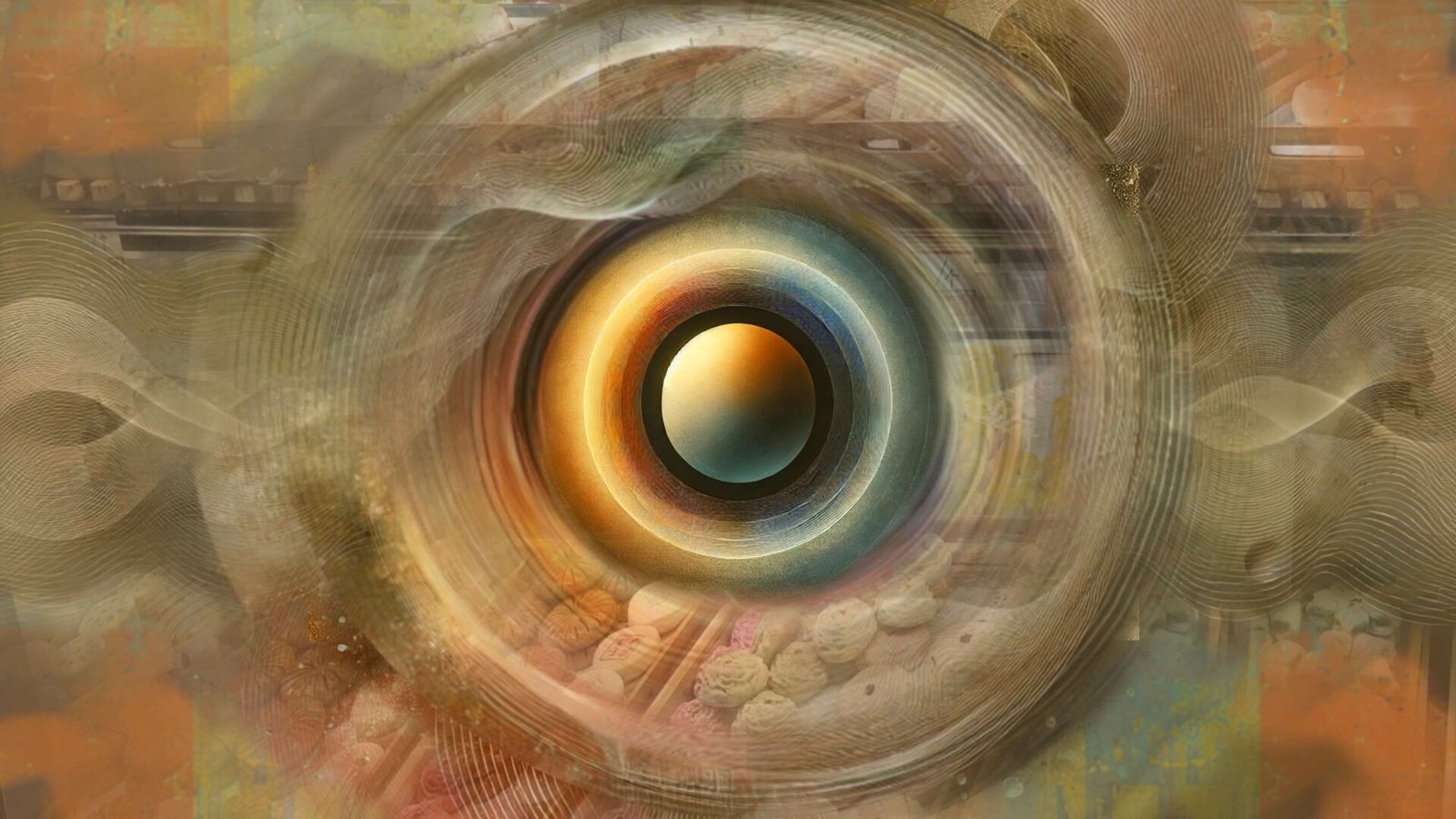 Image of chinese bakery with spiral of luminescent color in front of it