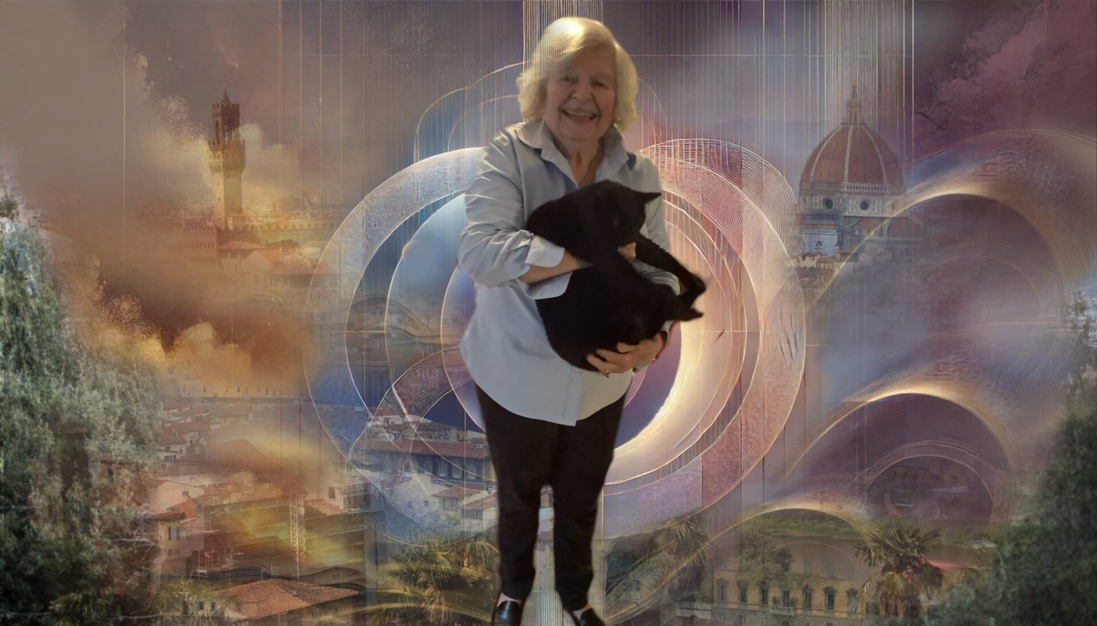 an older woman with cat in from of Florence and an abstract