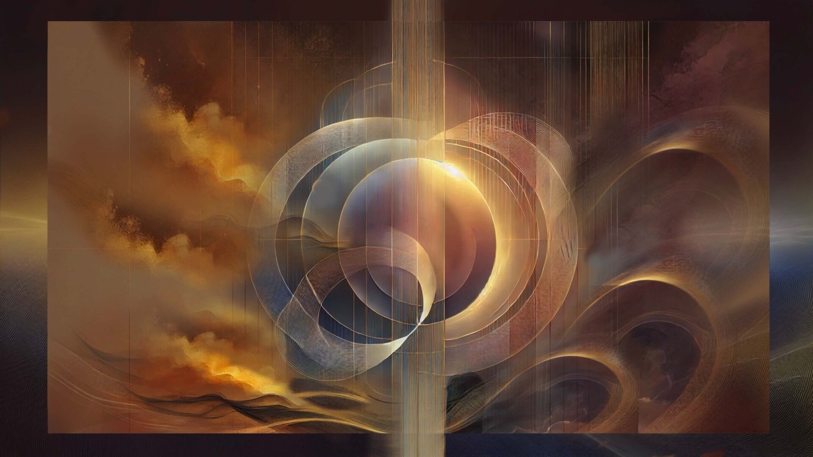 Emergence 3— a surreal study of glowing spheres and layered circles set within a warm, ethereal light.