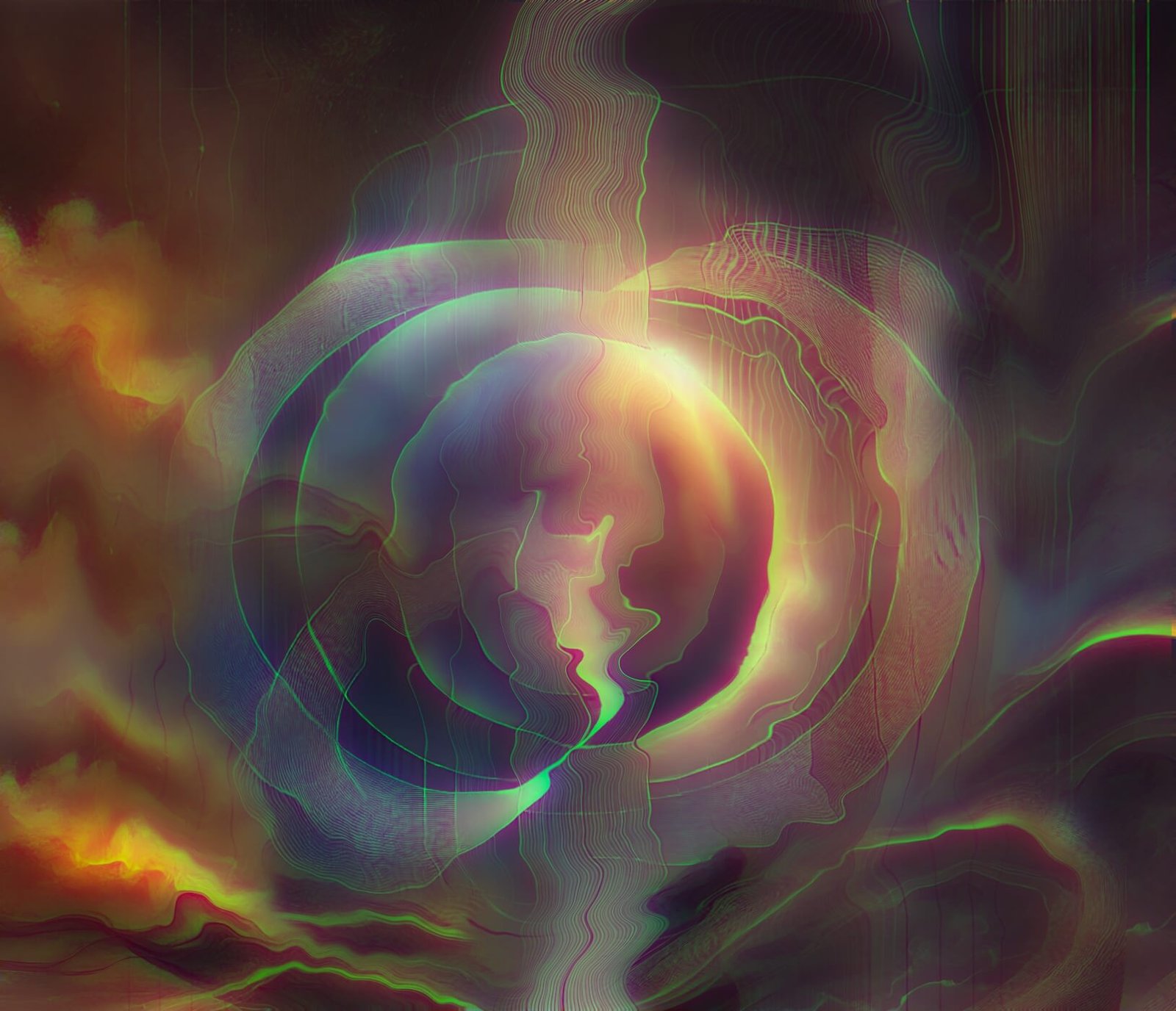 Exploring cosmic coloration and manipulated pixels shapes create a sense of movement and depth.